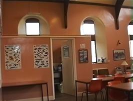 The Common Room / Dining Room / Kitchen inside Greenhead Youth Hostel, a converted Methodist Chapel